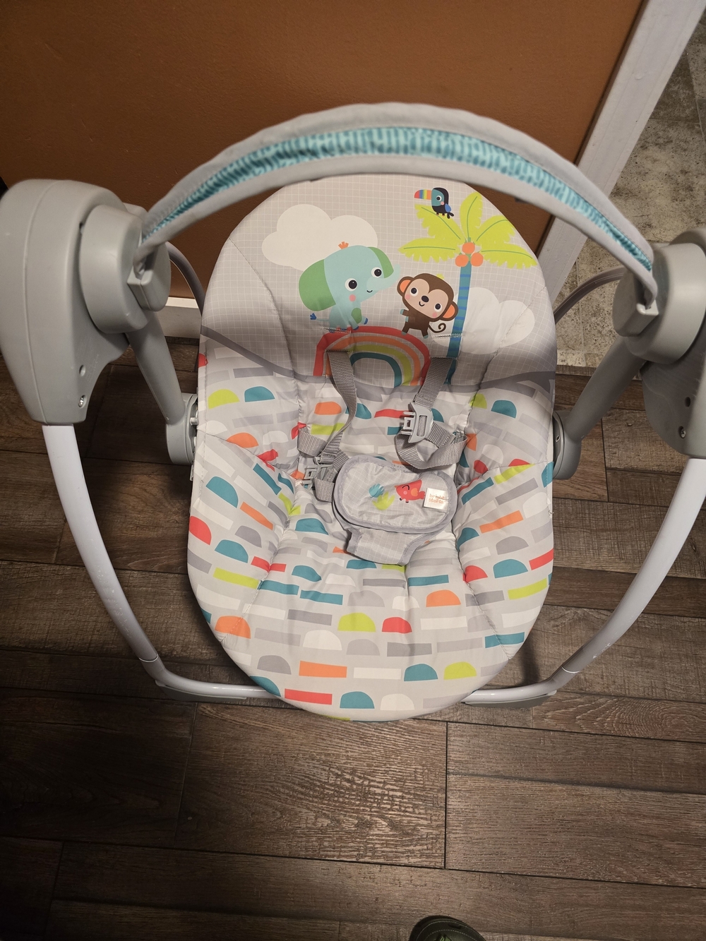 Neutral Gray Baby Swing Seat with Colorful Animal Print